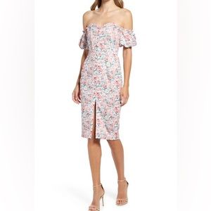 LAVISH ALICE Bonded Floral Off the Shoulder Puff Sleeve Satin midi Dress 4 NWT